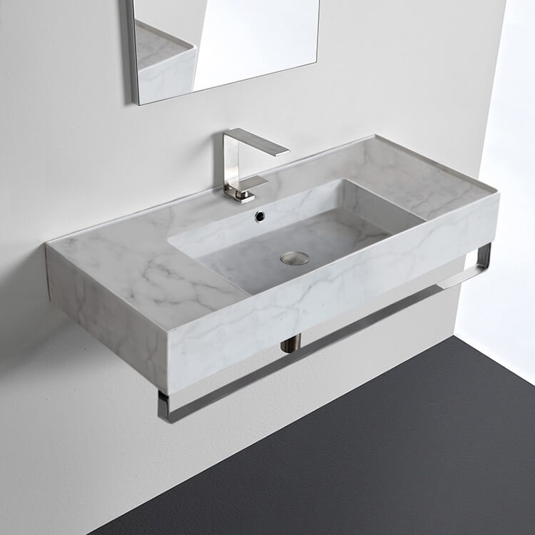 Scarabeo 5124-F-TB Marble Design Ceramic Wall Mounted Sink With Counter Space, Towel Bar Included